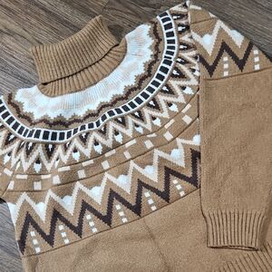Turtleneck Fair Isle Sweater in Camel, Cream, And Dark Brown, Size Medium